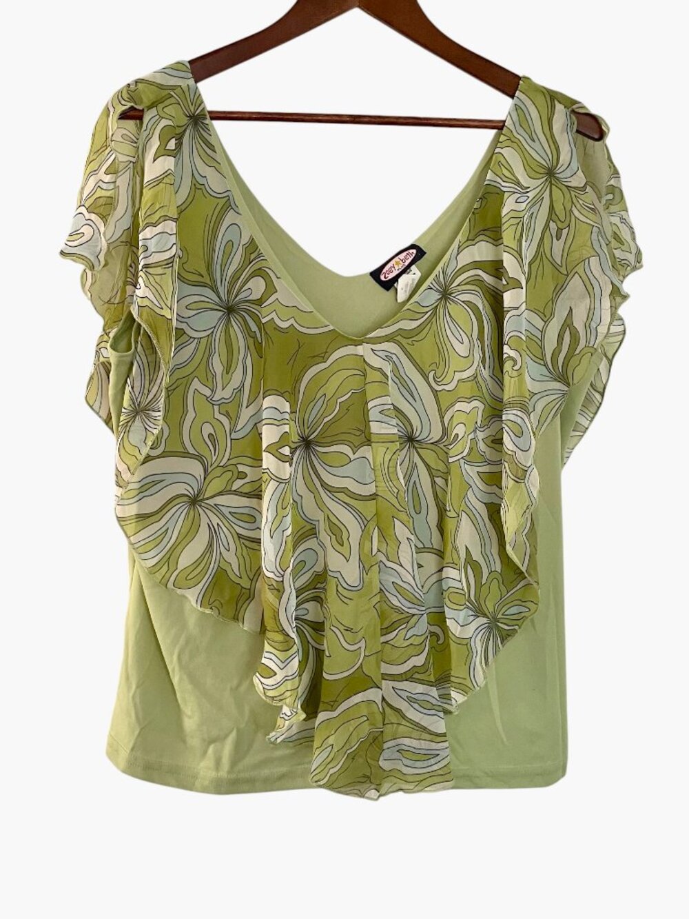 Vtg Y2K Zoey Beth Flutte Sleeve Handkerchief Top 2X Mesh Lime Green Floral Fairy